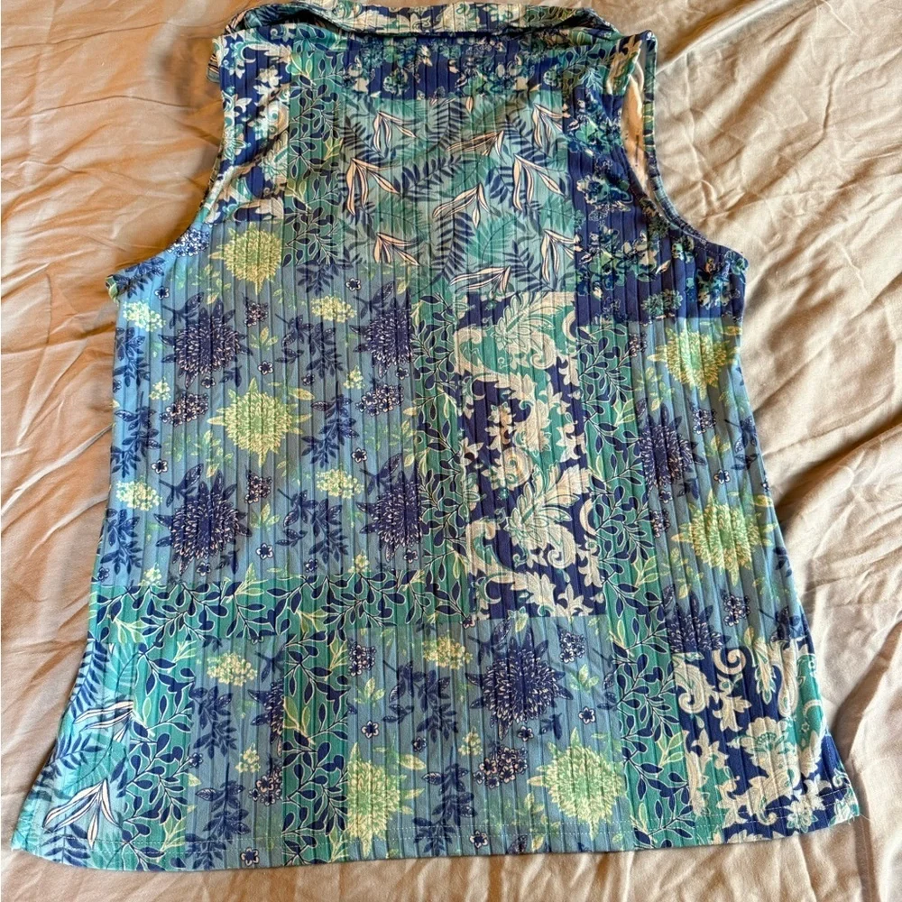 Cathy Daniels Blue & Teal Floral Patchwork Collared Sleeveless Top - Picture 7 of 12